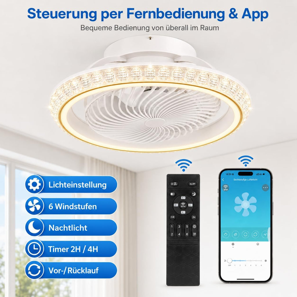 360° Drehbar Deckenventilator mit Beleuchtung 72W, Deckenventilator mit Licht Leise, Dimmbar mit Timer, Fernbedienung und App, Lampe mit Ventilator für Schlafzimmer und Wohnzimmer, Gold