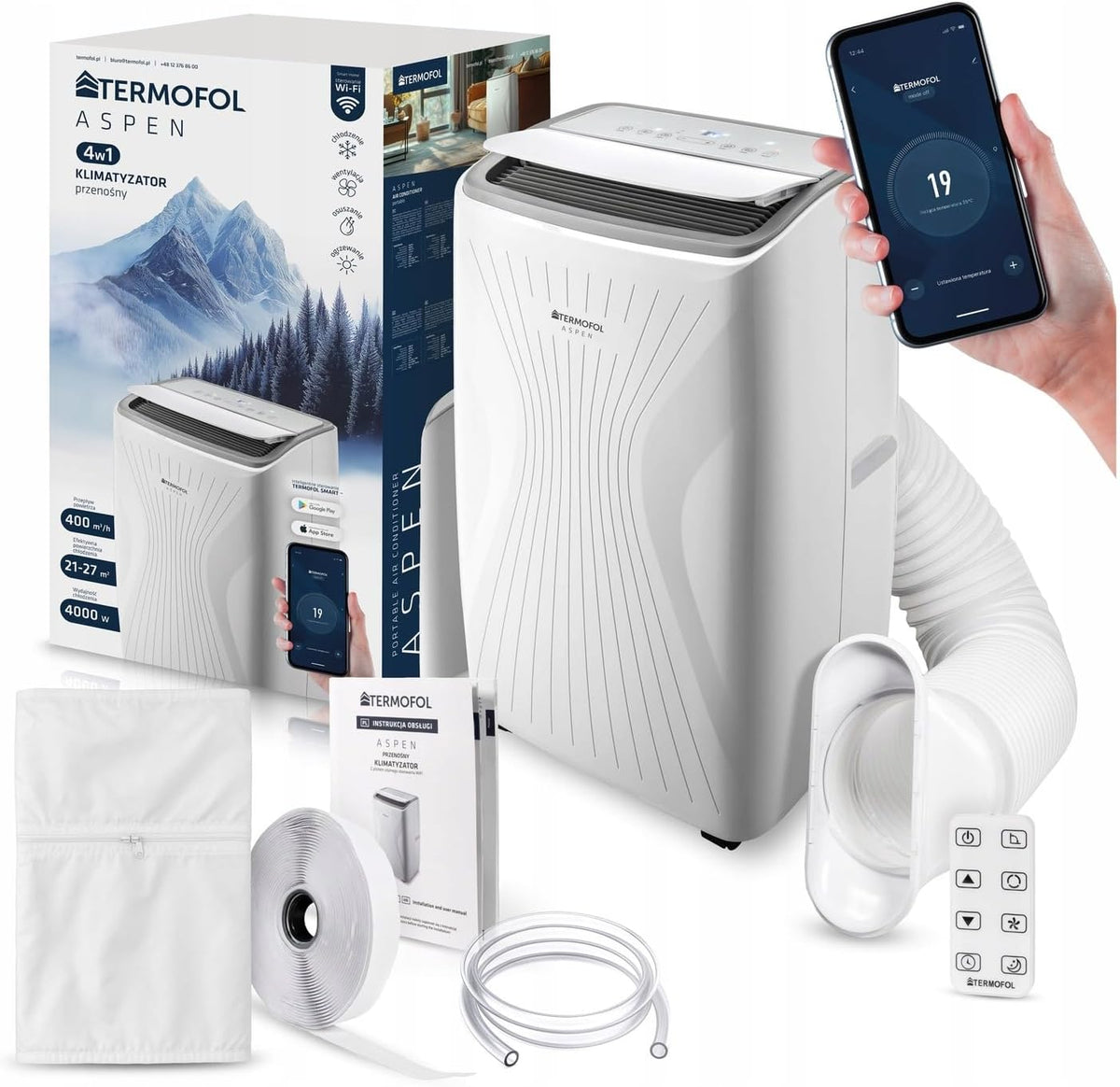 Termofol Mobile Klimaanlage ASPEN 4000W – 4in1: Klimatisierung, Luftentfeuchter, Ventilator, Heizung – WLAN Fernsteuerung – energiesparendes Smart-Home-Gerät – modernes Design – weiß