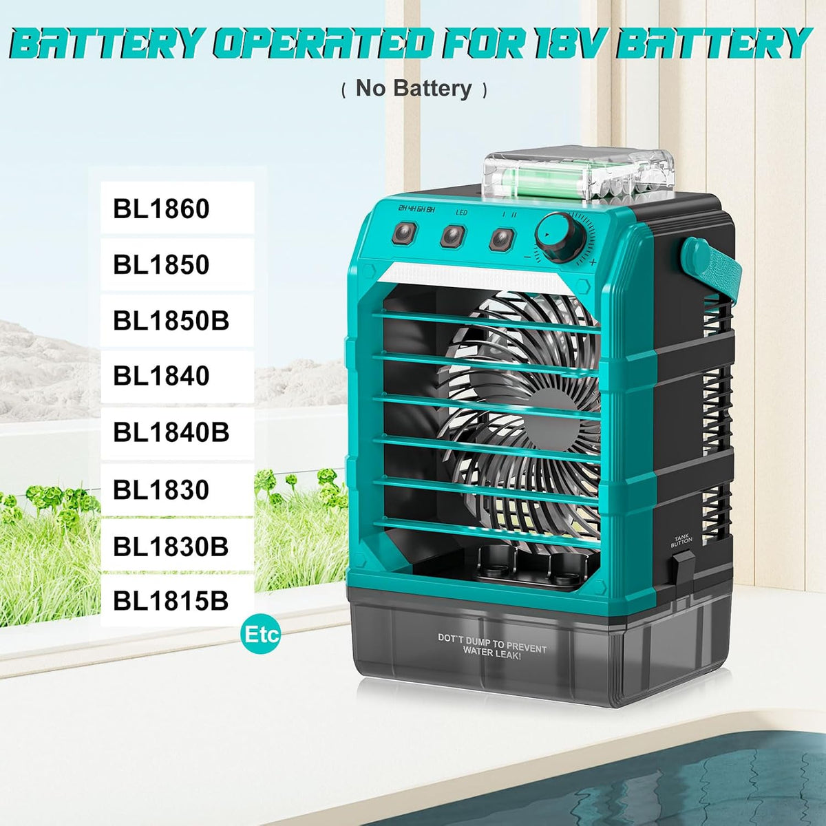 Ventilator mit Wasserkühlung Kompatibel für Makita 18V Akku und USB-betrieben，Luftkühler mobil mit Wasserkühlung,Ventilator mit Luftbefeuchter für Terrasse, Garage Urlaub Sport Büro Garten