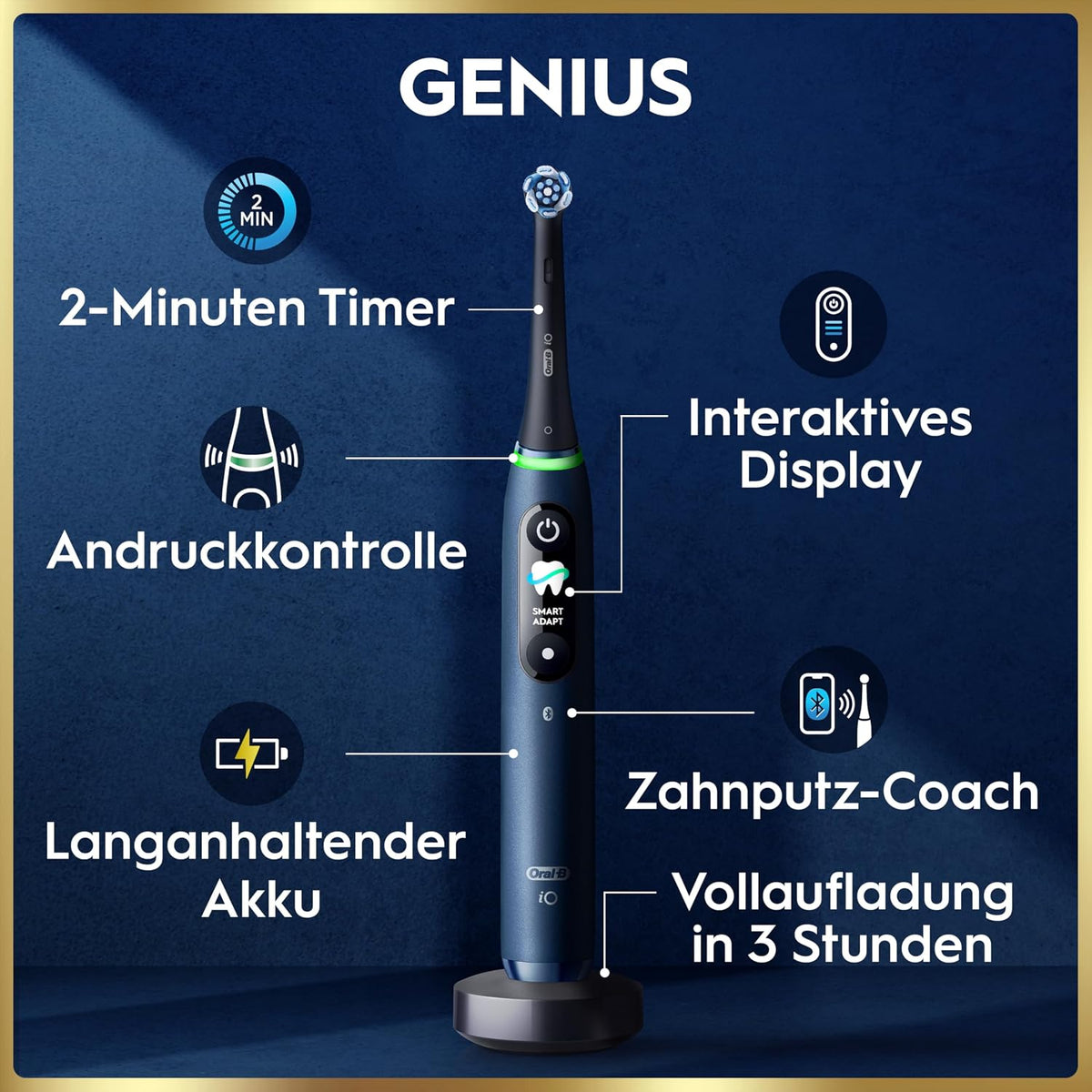 Oral-B iO Series 9 Elektrische Zahnbürste — Electric Toothbrush, Inkl. 1 Aufsteckbürste — 7 Modi für Zahnpflege, CHIP Testsieger (11/25), Designed by Braun, Dunkelblau
