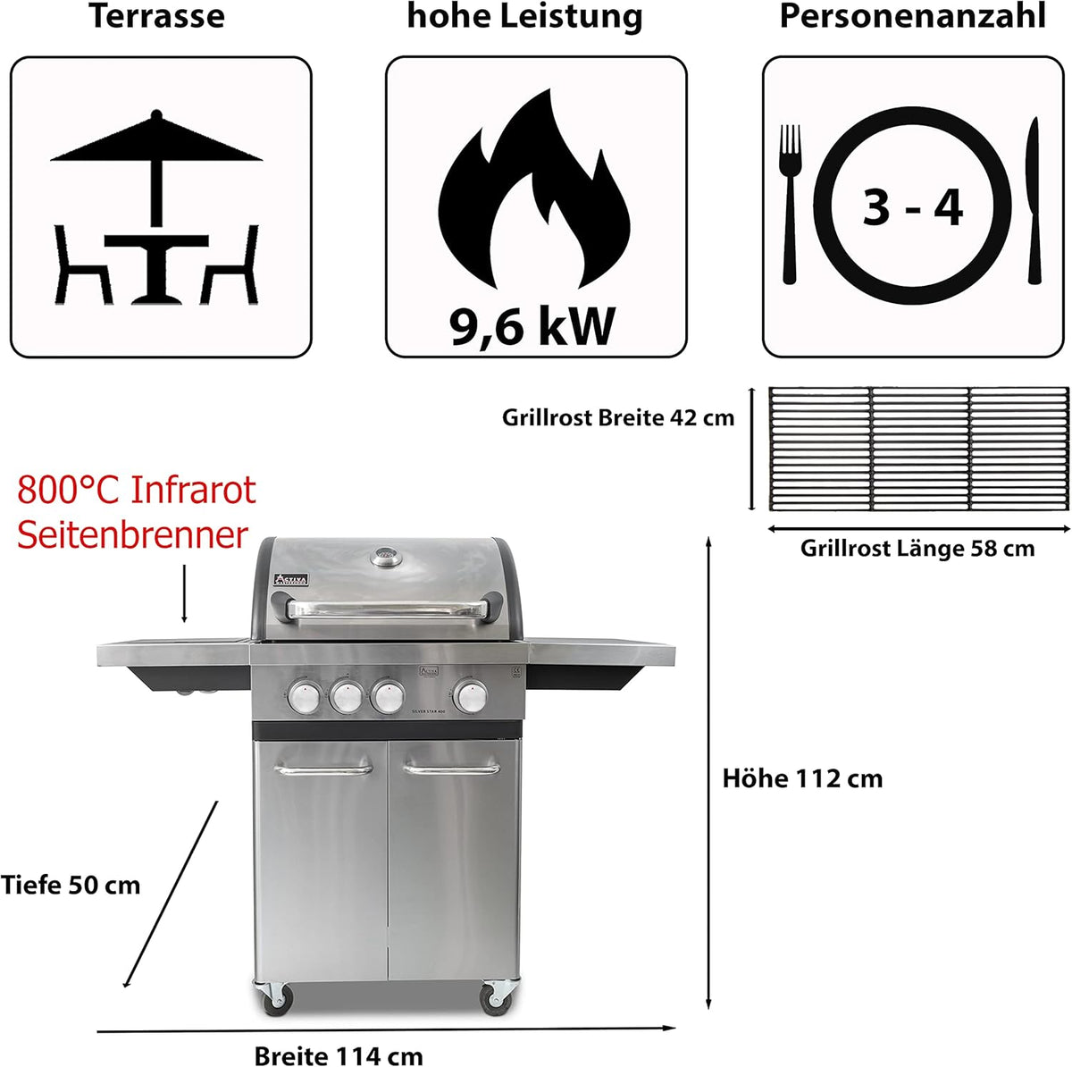ACTIVA 3 Brenner Gasgrill "Silver Star 400" Grillwagen mit 800 Grad Infrarot Seitenbrenner, Gussrost, Deckelthermometer und zusätzlicher Ablage