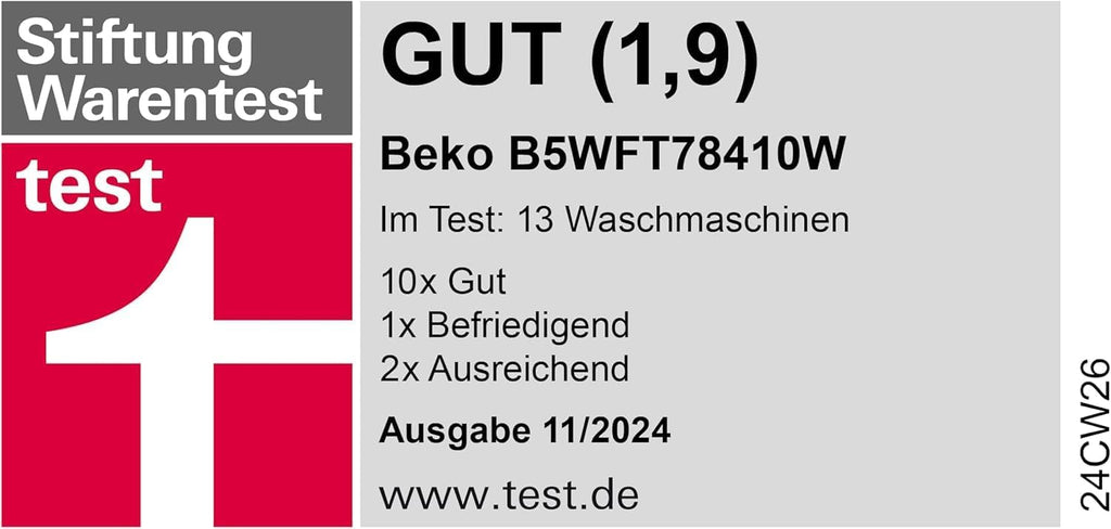 Beko Waschmaschine 8kg, Stiftung Warentest GUT (1,9)*, 1400 U/min, SteamCure Dampffunktion, AquaWave Schontrommel, StainExpert Programm, B5WFT78410W, Weiß