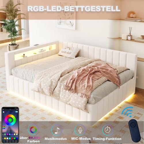 Polsterbett Schlafsofa 140x200, Doppelbett mit Hydraulischem Stauraum, mit LED-Licht und USB-Ladefunktion, Tagesbett Jugendbett mit Lattenrost, Samtstoff, ohne Matratze (Beige)