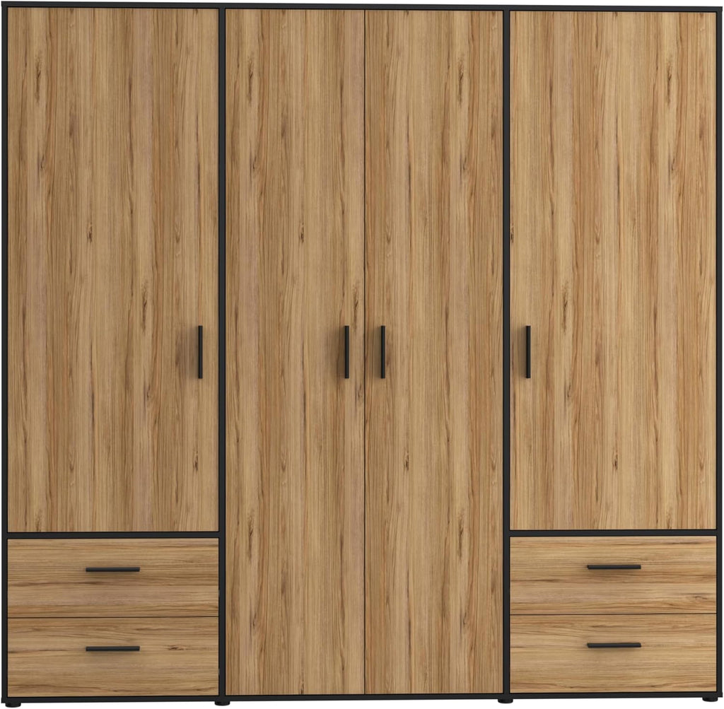 FORTE Jupiter Schrank 200 210, Kleiderschrank, Drehtürenschrank, 4-türig, mit 4 Schubladen und Einlegeböden, Schwarz mit Holz Dekor: Catania Eiche, 206 cm breit x 53 cm tief x 200 cm hoch