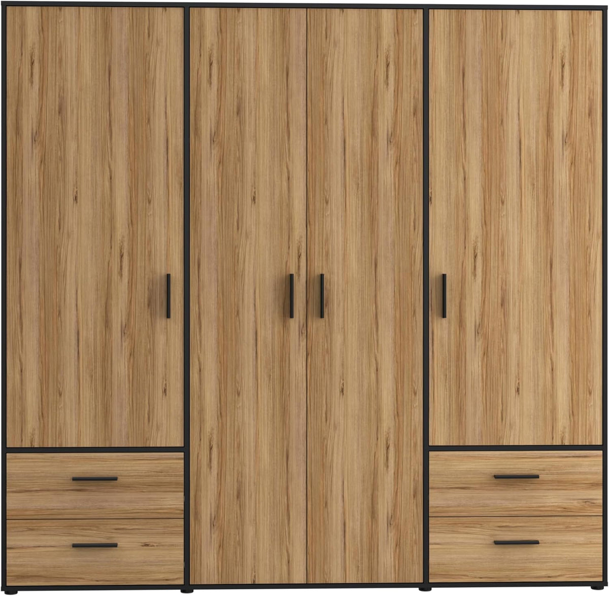 FORTE Jupiter Schrank 200 210, Kleiderschrank, Drehtürenschrank, 4-türig, mit 4 Schubladen und Einlegeböden, Schwarz mit Holz Dekor: Catania Eiche, 206 cm breit x 53 cm tief x 200 cm hoch