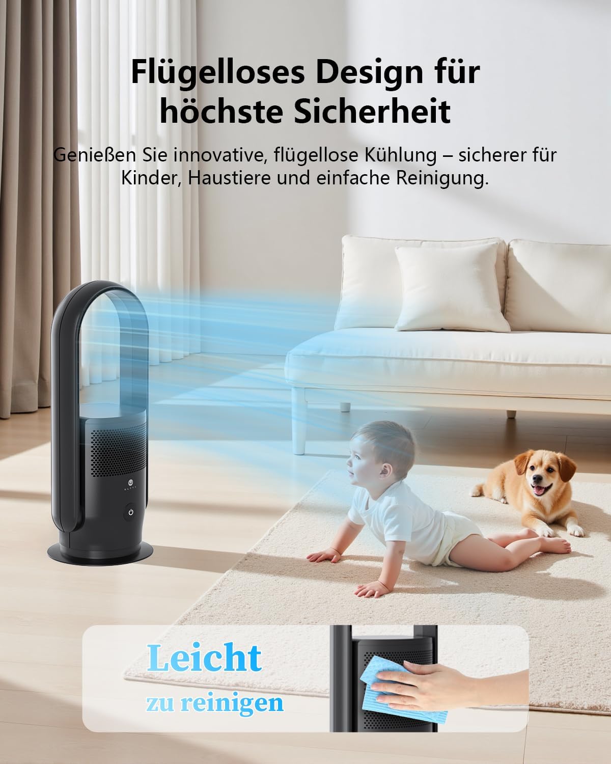Ultty Rotorlos Ventilator mit Luftreiniger, Turmventilator Leise, H13 HEPA Filter, Touch, Timer, 60 cm Bladeless Fan für Schlafzimmer Büro, CR021 Schwarz