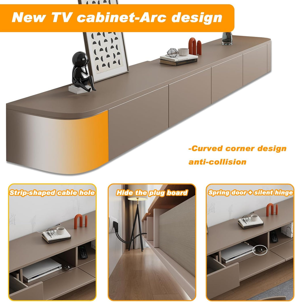 Schwebender TV-Ständer, Wandmontierte TV-Regale Mit Tür, TV-Medienkonsole, Schwebender TV-Schrank, Große TV-Bank Mit Stauraum Unter Dem Fernseher(Khaki,300CM/118.1")