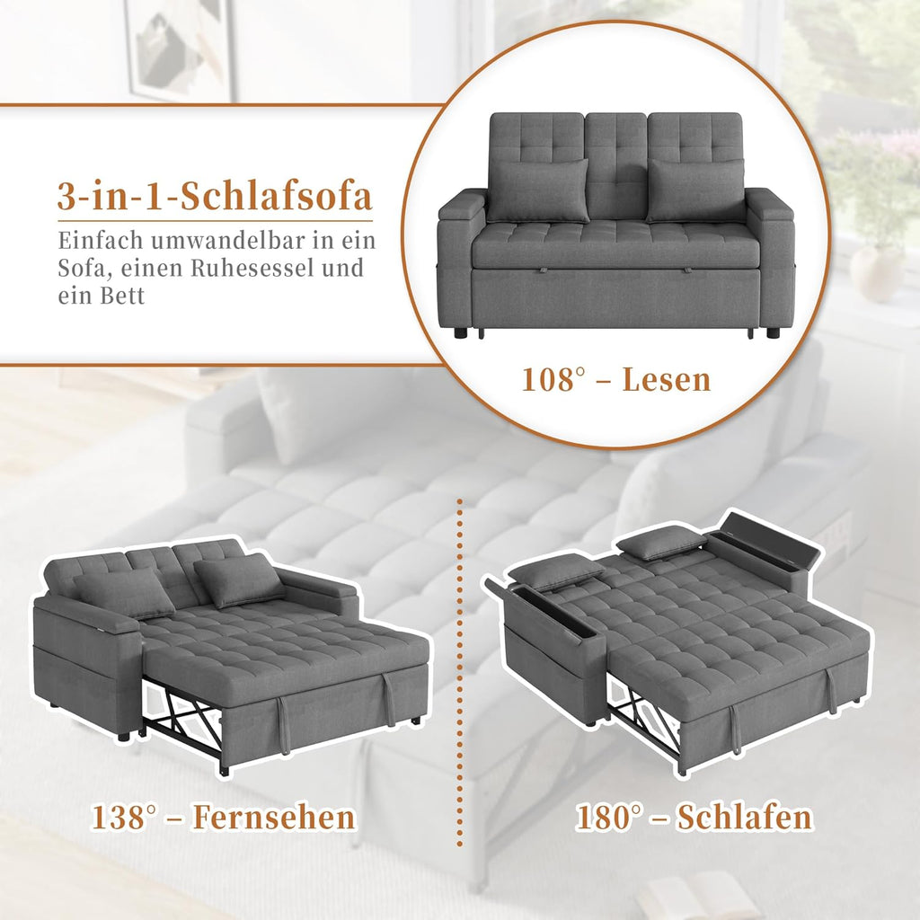 2-Sitzer Schlafsofa mit Stauraum und Verstellbarer Rückenlehne, Sofa mit Armlehnen-Staufächern und Kissen, Vielseitiges Klappsofa für Wohnzimmer, Schlafzimmer oder Wohnung (Grau)