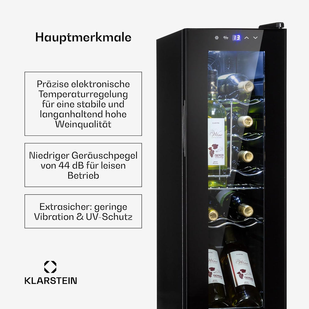 Klarstein Weinkühlschrank, 1 Zonen Getränkekühlschrank Klein, Kleiner Weinschrank 32L, Wein-Kühlschrank Klein mit Glastür, Indoor/Outdoor Flaschenkühlschrank, Wine Fridge 5-18°C, 12 Flaschen