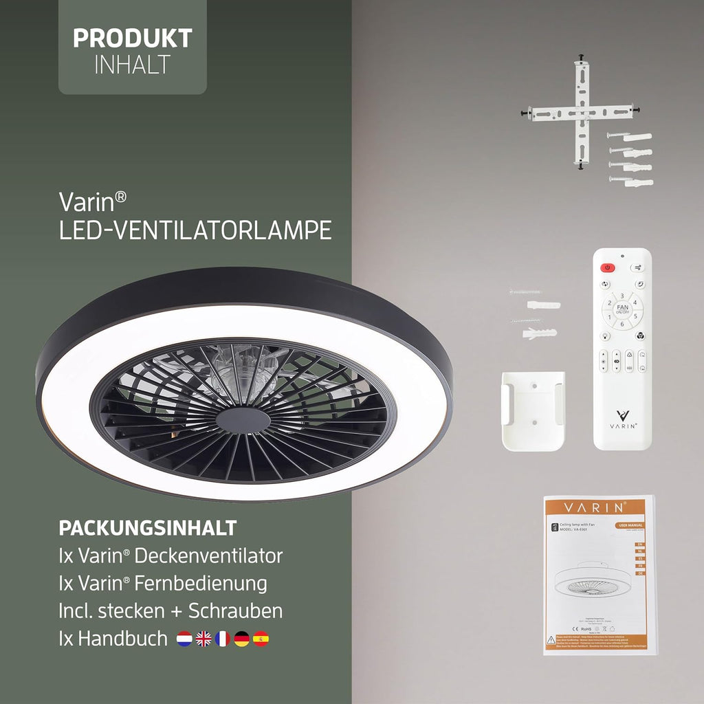Varin® Smart Deckenventilator mit Beleuchtung, Deckenlampe mit Ventilator Schlafzimmer, Tuya WLAN, LED 30W RGBW, Ø 50 cm, Ventilator Leise, Fernbedienung, 3000K bis 6000K, Schwarz-Schwarz