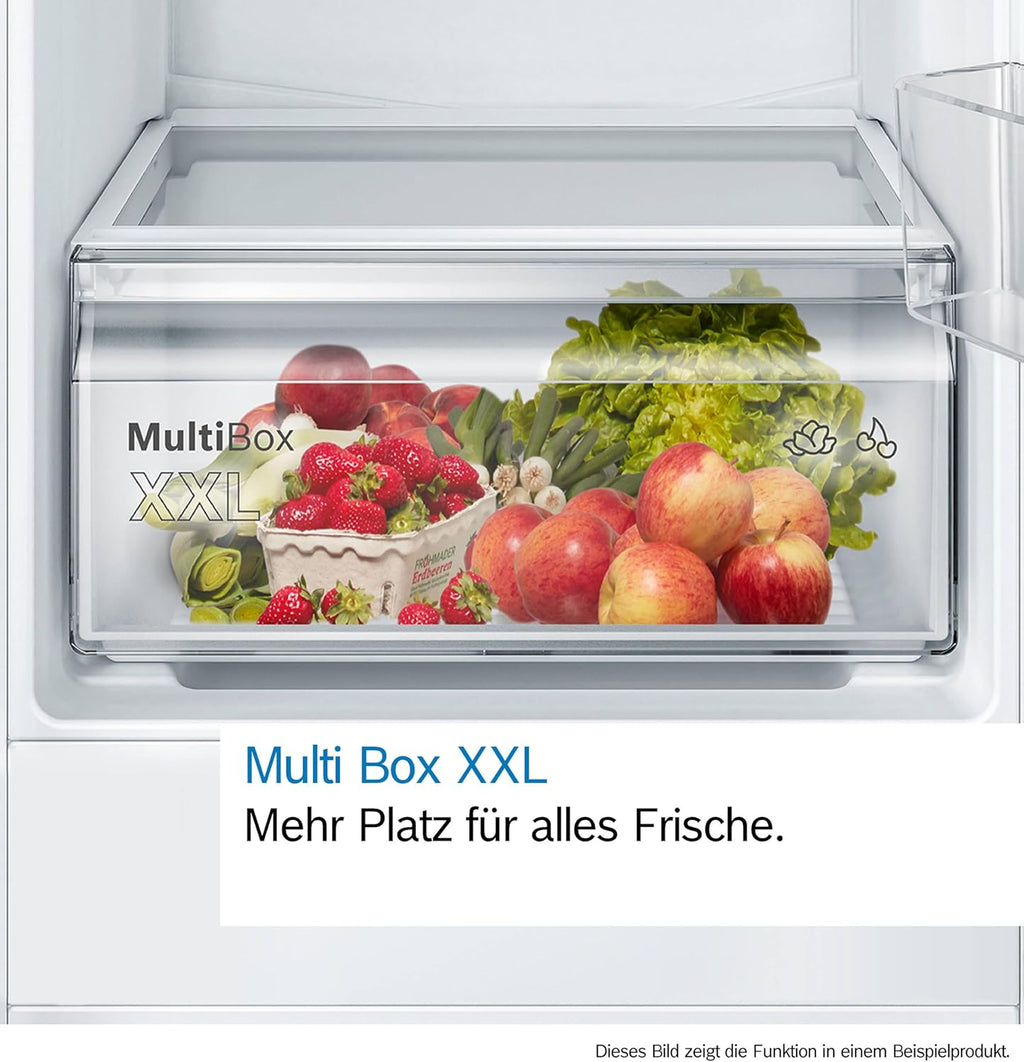 KIR41NSE0 Einbau-Kühlschrank Serie 2, integrierbarer Kühlautomat 122 x 56 cm, 204 L Kühlen, Made in Germany, Schleppscharnier, MultiBox XXL, LED-Beleuchtung, EcoAirflow, SuperCooling