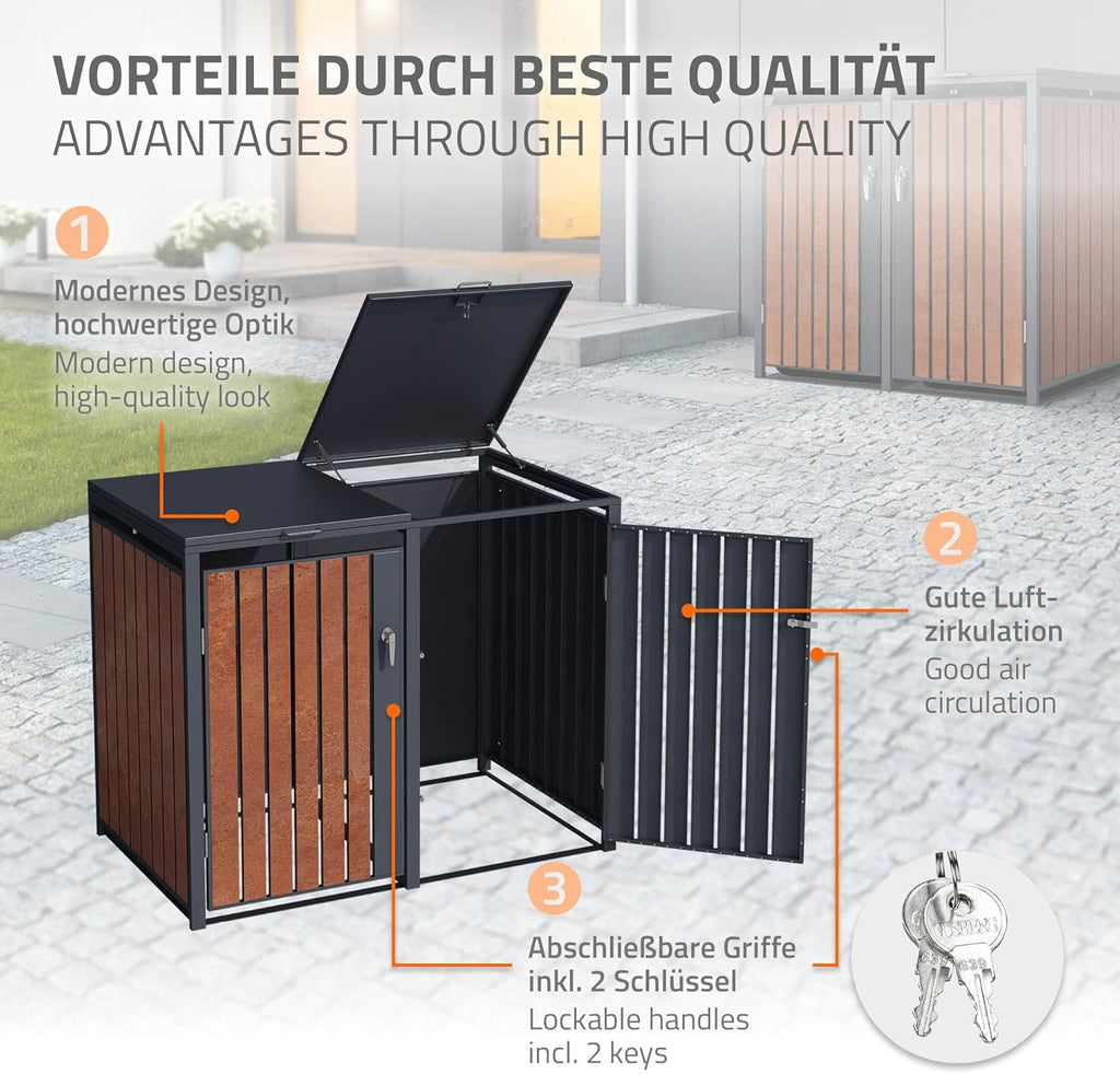 ML-Design Mülltonnenbox 3er 3 Tonnen 240L 200x80x116,3cm Anthrazit-Rostoptik, Stahl/Cortenstahl, Abschließbare Mülltonnenverkleidung Klappdeckel/3 Türen, Müllbox Mülltonnecontainer Mülltonnenabdeckung