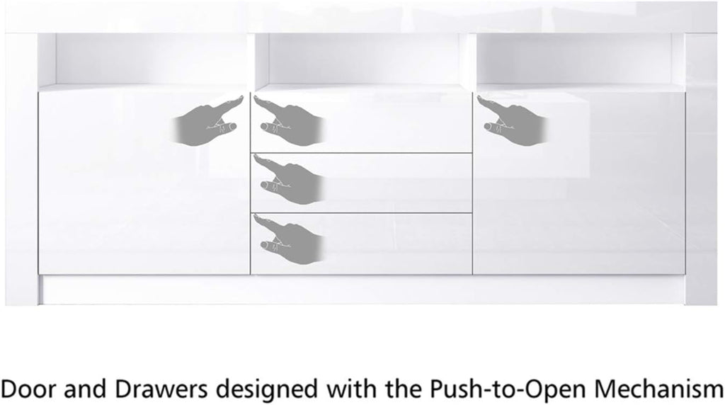 Moderner Sideboard Schrank Kommode in Front Hochglanz 2 Türen 3 Schubladen Esszimmer Küche Buffet Küchenschrank mit LED Streifen 160cm (Weiß)