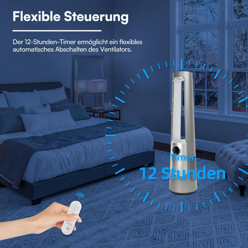 BE COOL AuraSilk Turmventilator 103 cm mit H13-HEPA Filter, rotorlos, 12 Stufen, 55 W DC-Motor, Fernbedienung, Timer, Schwenkfunktion, Luftreiniger