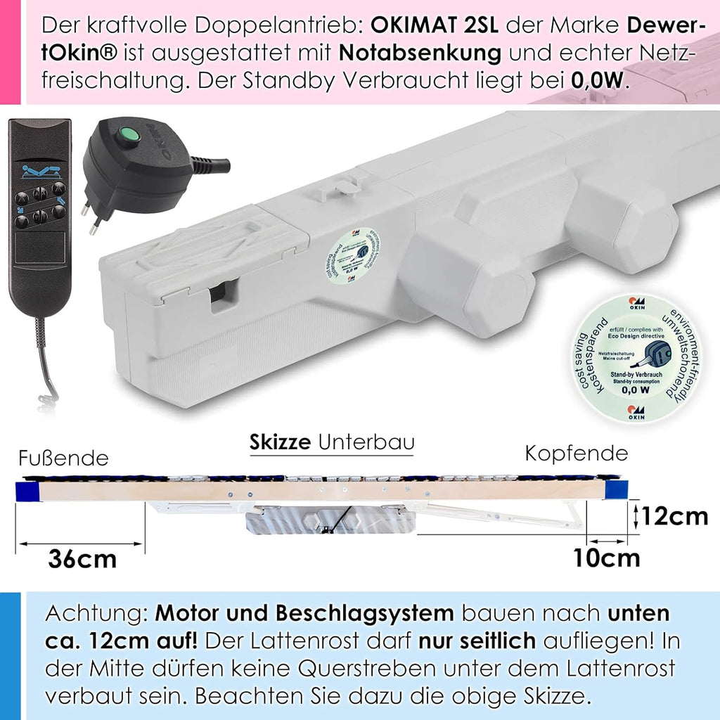 elektrischer Lattenrost 100% BUCHE - Kopf- u. Fußteil elektrisch verstellbar - SCHULTERFRÄSUNG, 7 Zonen, 44 Federleisten, Härteregulierung, Mittelgurt - Motor Comfort 44® - fertig montiert (90x200)