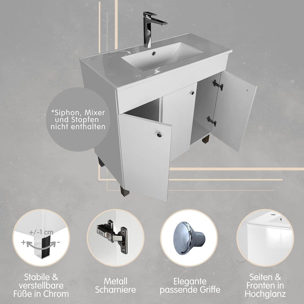 Waschbecken mit Unterschrank 80 cm Breit | Badezimmerschrank IGA Sink | Badmöbel Set für Badezimmer & Gäste-WC | Waschtisch mit Unterschrank Stehend | Waschbeckenunterschrank Weiß
