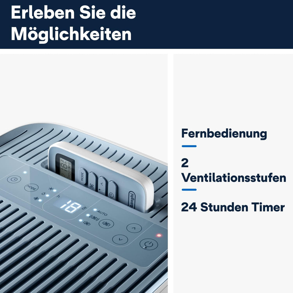 De'Longhi Pinguino - Mobiles Klimagerät, für Räume bis 21,5 m², mit Luftentfeuchter & Ventilator, 8300 BTU, Leiser Betrieb, Fernbedienung, 24h-Timer, Energieeffizienzklasse A (PACES72YOUNG)