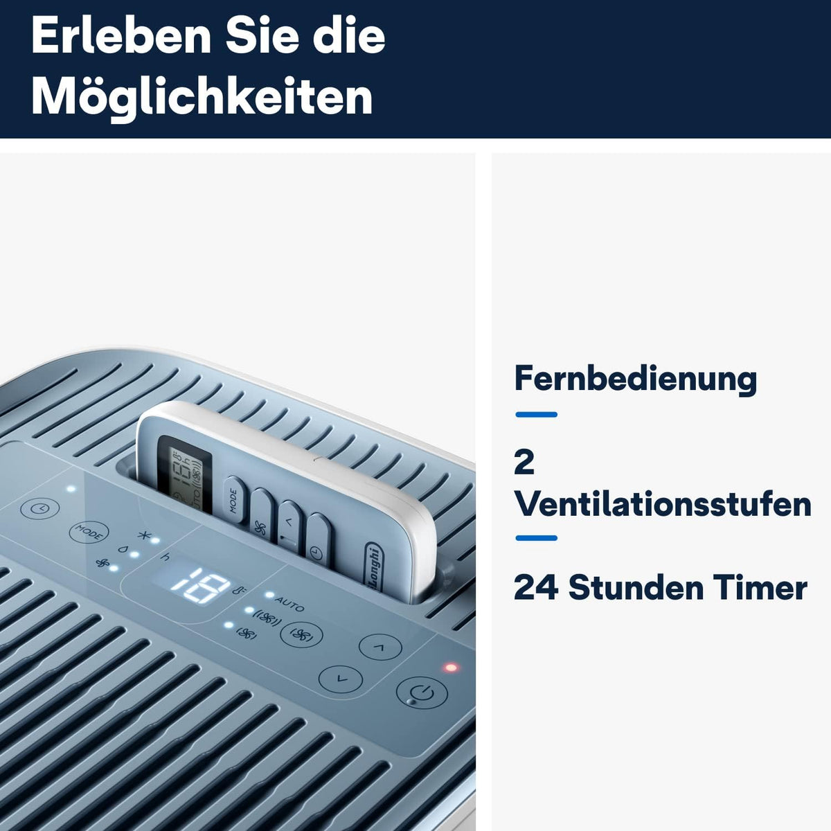 De'Longhi Pinguino - Mobiles Klimagerät, für Räume bis 21,5 m², mit Luftentfeuchter & Ventilator, 8300 BTU, Leiser Betrieb, Fernbedienung, 24h-Timer, Energieeffizienzklasse A (PACES72YOUNG)