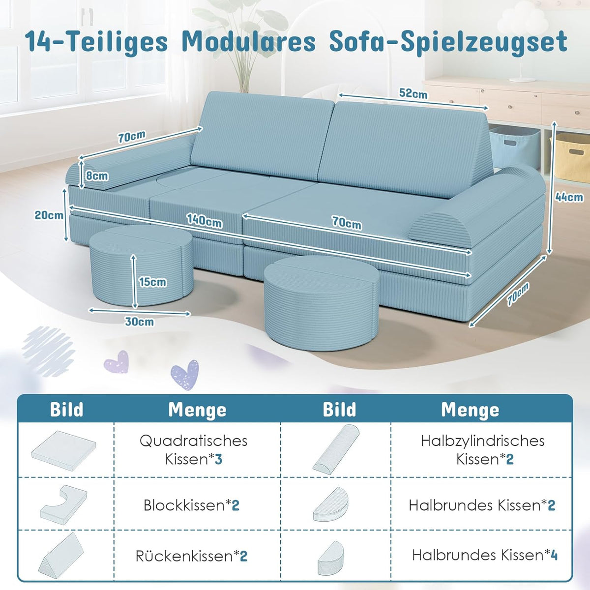 MAMIZO Spielsofa Cord, Kindersofa-Bausteine, 15-Teiliges Modulare Kinderspielcouch, Spielsofa für Kinder, Kindercouch Aufklappen Oeko-TEX, kreatives Spielen für Kuschelecke im Kinderzimmer (Blau)