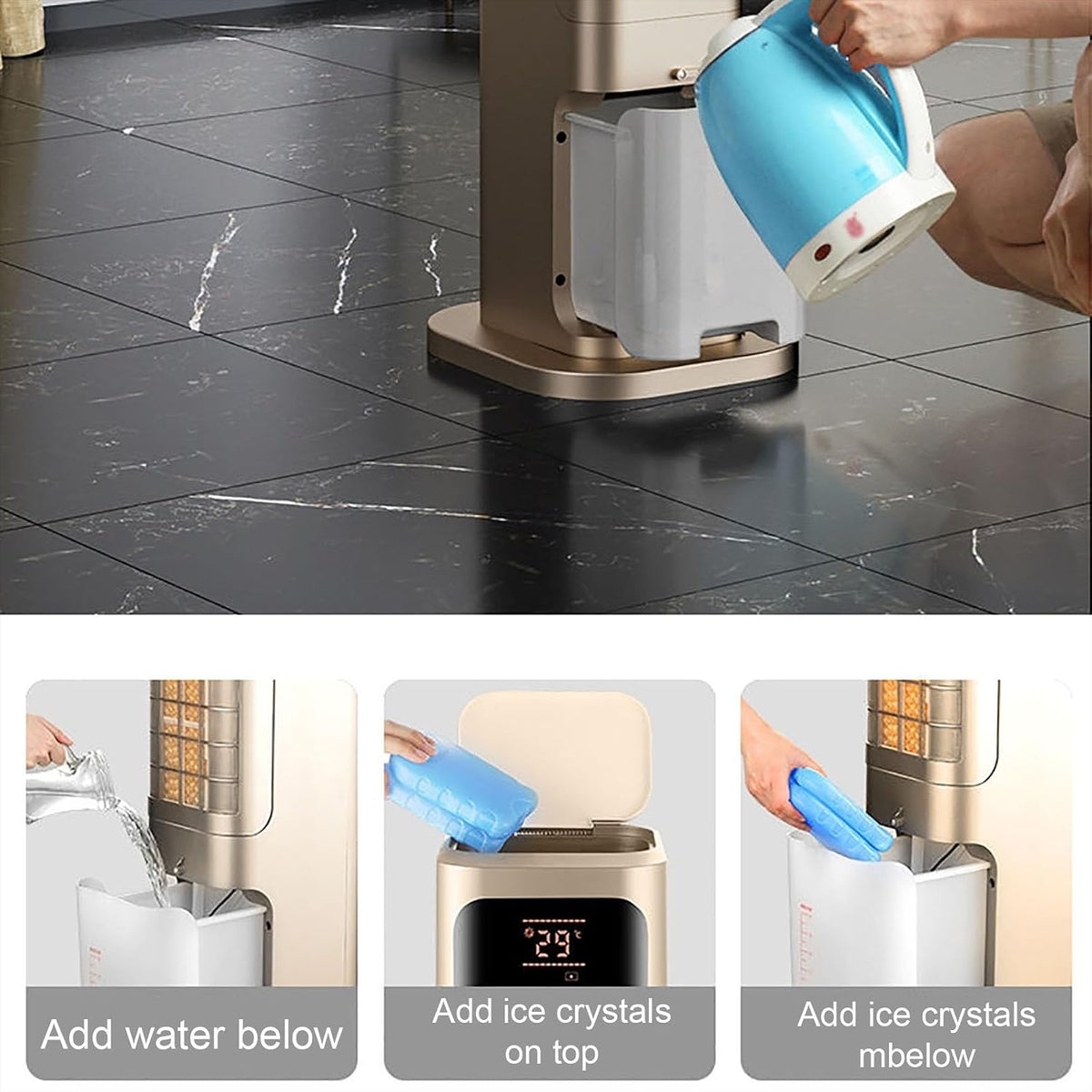 Kaltes Klimagerät für Heizung und Kühlung, mobiles Klimagerät ohne Lamellen, mit Doppelwassertank, Kaltventilator mit großem Winkel, mit Fernbedienung (Grau)