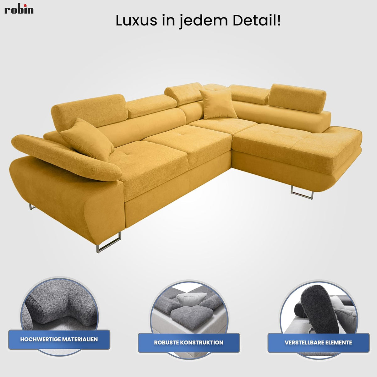 Robin Inspire Saturn Premium Ecksofa Schlaffunktion Bettkasten Verstellbare Kopfstützen Kissen Sofa L-Form Schlafsofa Freistehende Eckcouch Schlafcouch Wohnzimmermöbel Wohnlandschaft Links Braun Creme