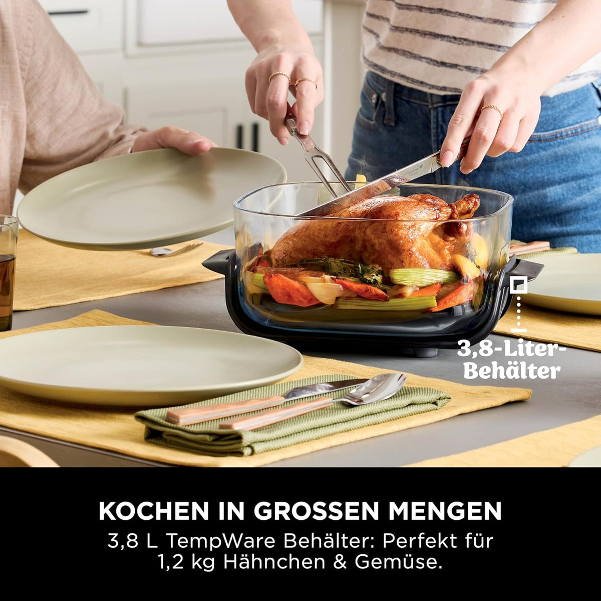 Ninja CRISPi tragbare Air fryer Heißluftfritteuse, 3,8 l, 4-in-1: Heißluftfrittieren, Braten, Warmhalten, Recrisp, 6 Portionen, 2x herausnehmbare Glasbehälter & Deckel, 1700 W, Stone Gold FN101EUSTGD