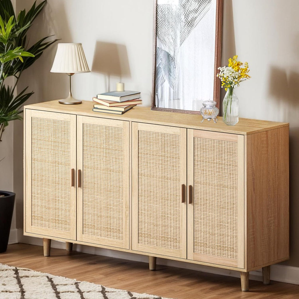 Sideboard mit verstellbaren Ablagen, Modernen Kommode mit 4 Türen, Rattan TV-Tisch mit viel Stauraum für Esszimmer, Wohnzimmer & Schlafzimmer, 158x40x88cm, Easy Assembly Holzfarbe (Holzfarbe)