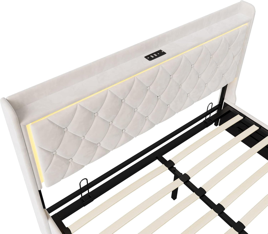 Bett 140x200 mit stauraum, Polsterbett mit LED-Kopfteil, Doppelbett mit USB und Lattenrost, Hydraulischem Stauraum und Metallrahmen, Jugendbett, Bettgestell, Boxspringbett, Samt Beige, Ohne Matratze