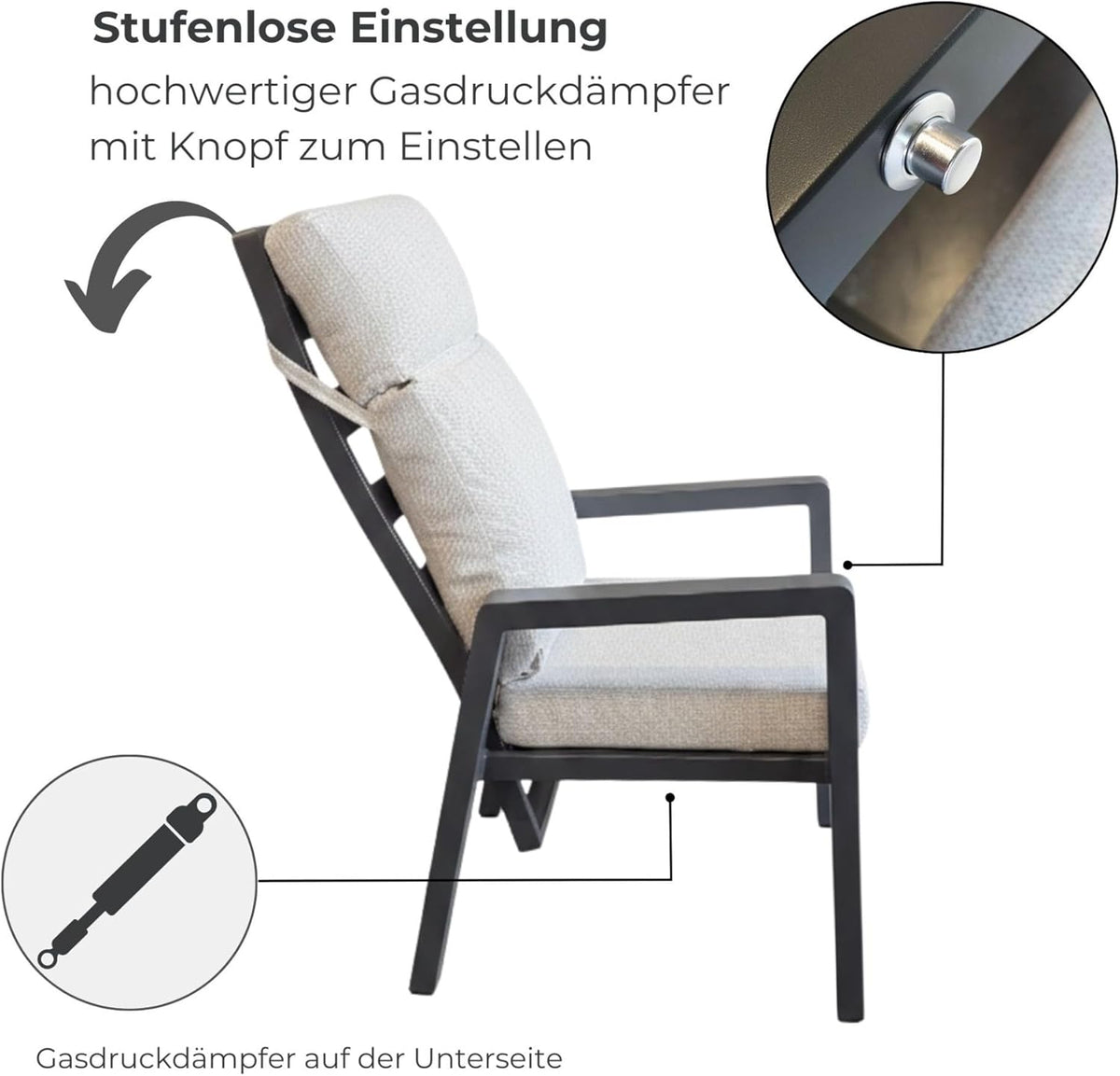 osoltus Gartensessel Alu Anthrazit wetterfest Palma II All Weather Olefin | stufenlos verstellbare Rückenlehne Dank Gasdruckdämpfer (beige)