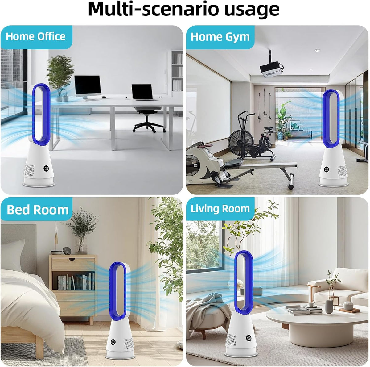 Rotorloser Ventilator,Turmventilator sehr leise & Luftreiniger,mit Fernbedienung, 8 Geschwindigkeiten,90° Oszillation, 9h Timer,oszillierender Raumkühler für Schlafzimmer, Büro (Weiß)