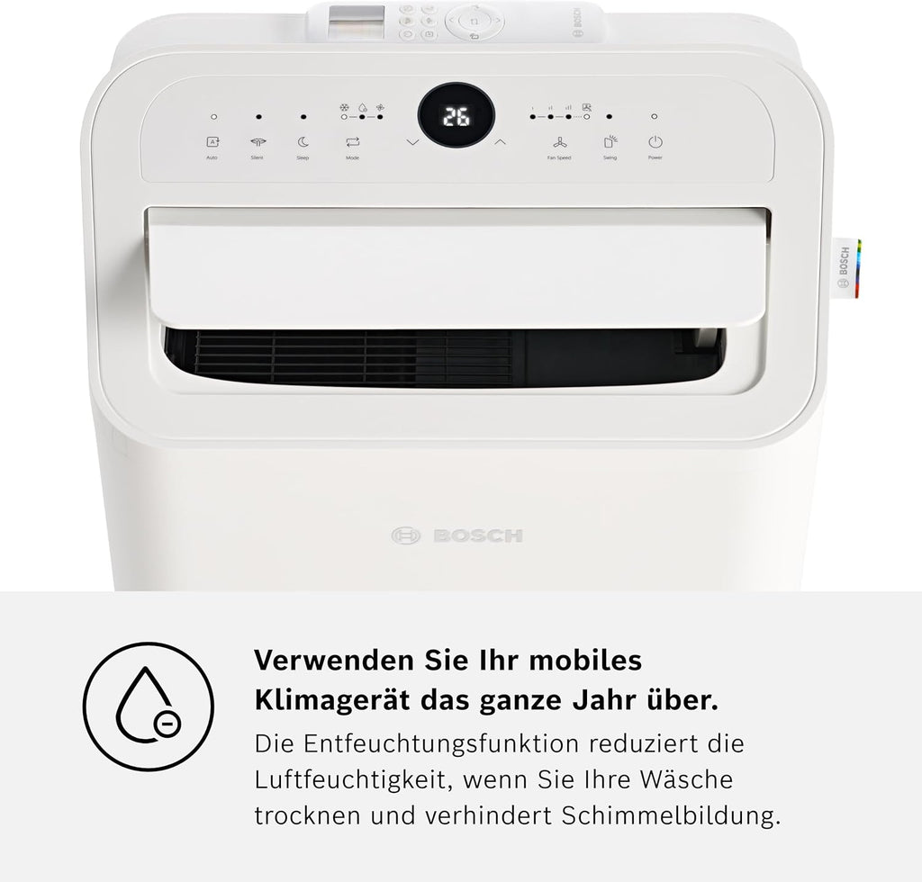 Bosch Cool 4000 Mobiles Klimagerät - 3-in-1: Klimagerät, Luftentfeuchter, Ventilator - 2,6 kW für Räume bis zu 35m² - Mit Auto-Modus, Silent-Modus & Sleep-Modus