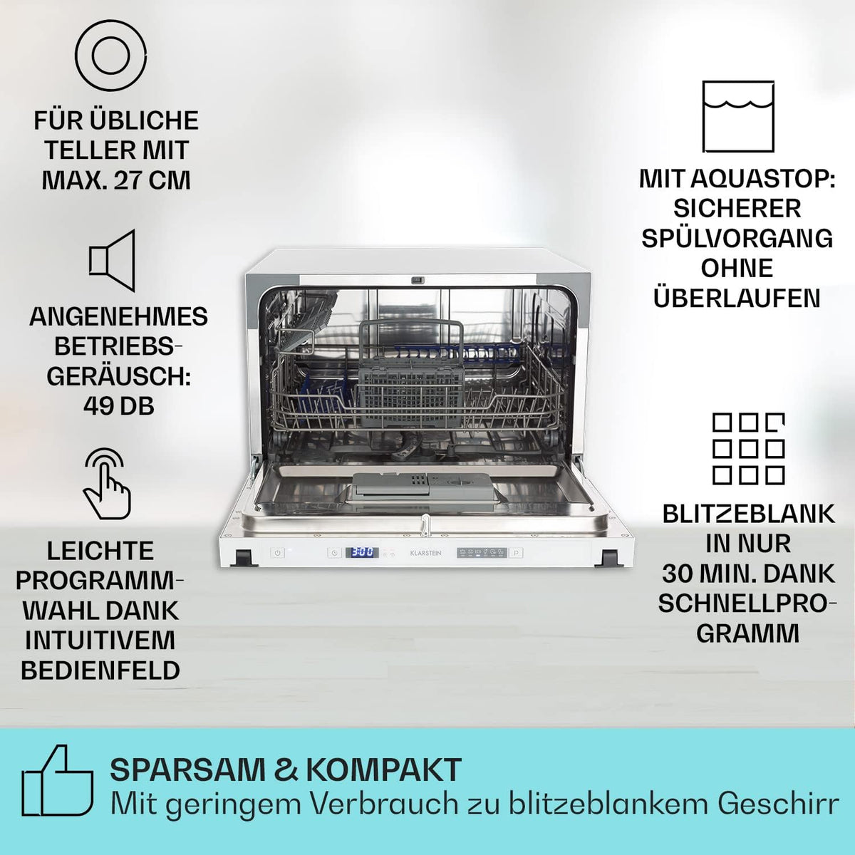 Klarstein ia 8 - Spülmaschine, Geschirrspüler, Freistehend, Teilintegriert, F, 55 cm breit, 8 Maßgedecke, 6 Programme, Aquastop, silber