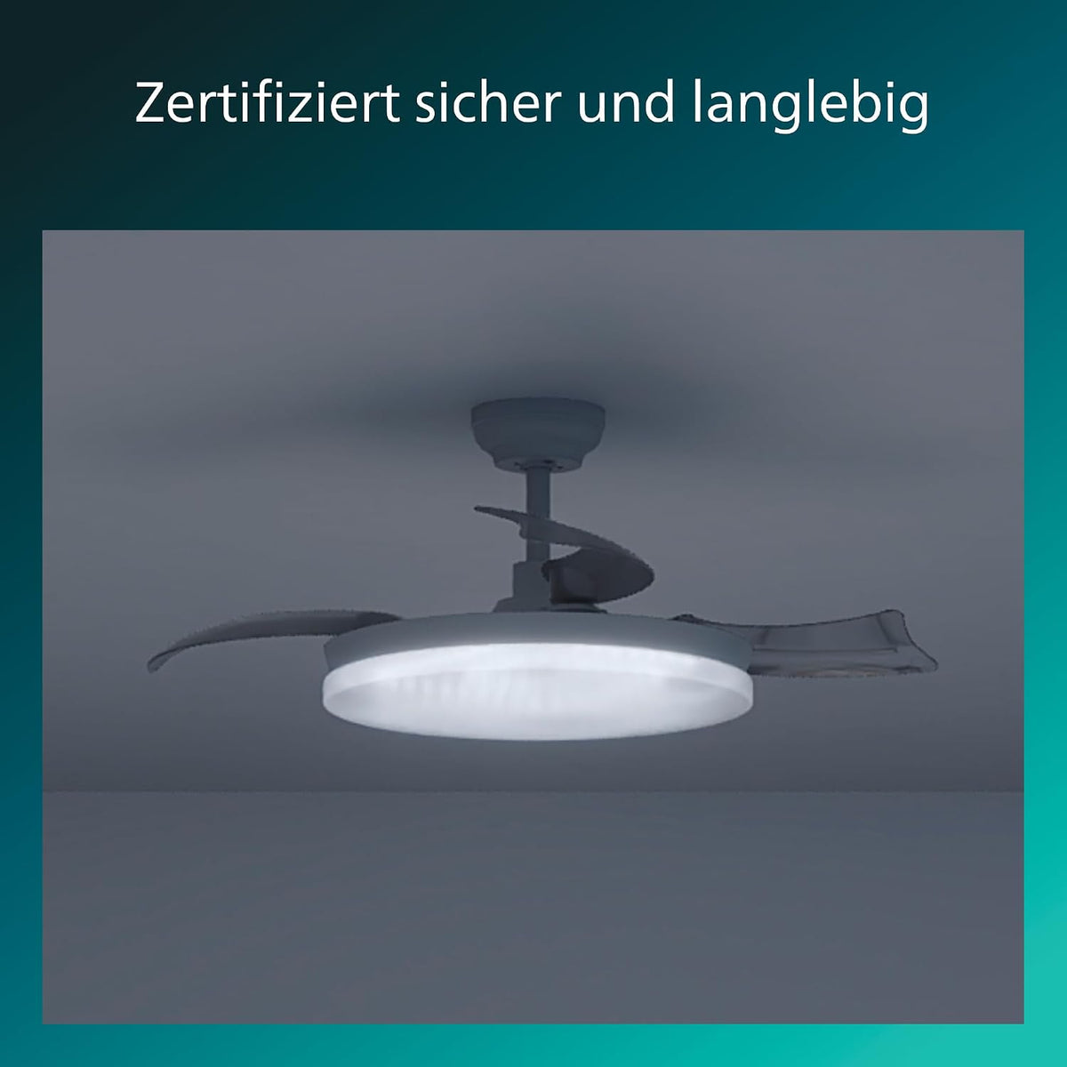 PHILIPS Solr Deckenventilator mit LED-Licht und Einziehbaren Flügeln, 3 Flügel, 106 cm Flügelspannweite, 4.500 Lumen, Drei Weißstufen (2.700 K/4.000 K/5.500 K), Dimmbar bis 10%, Inkl. Fernbed., Weiß