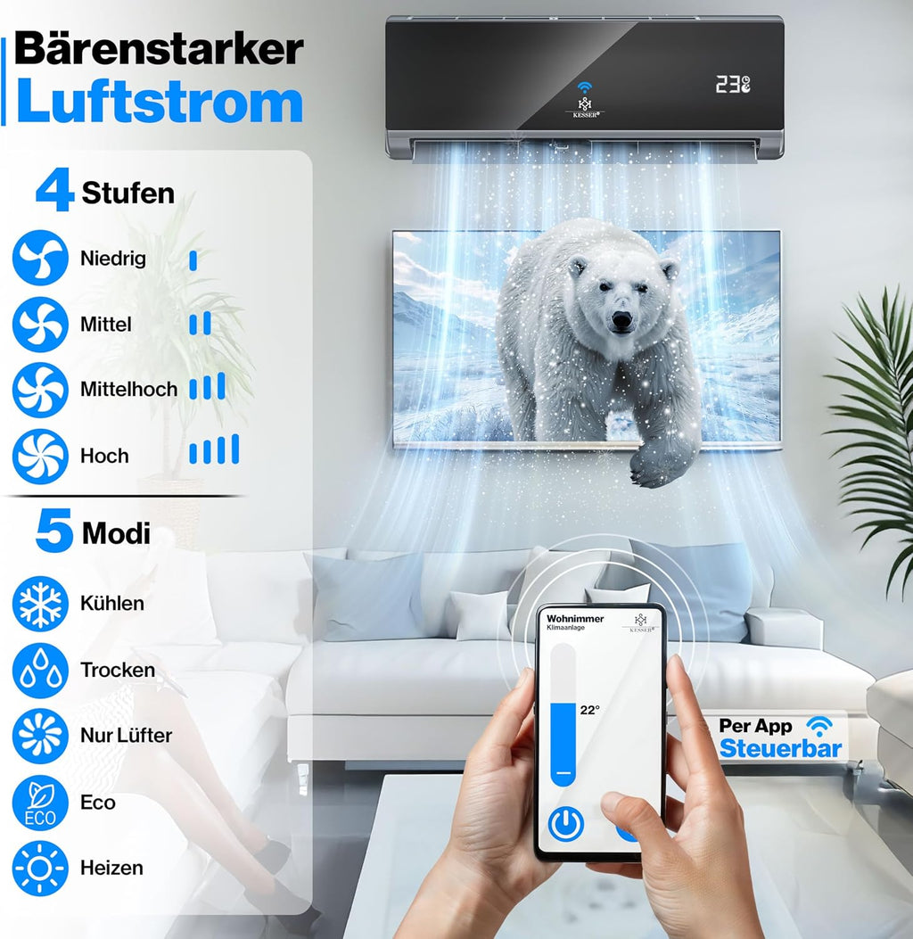 KESSER® Split Klimaanlage Set Quick Connect – WiFi & App Klimagerät mit Heizfunktion & Kühlmodus Wandklimaanlage, mit Kupferleitung 9000 BTU 2,6 kW Kältemittel R32 Inkl. Montagematerial