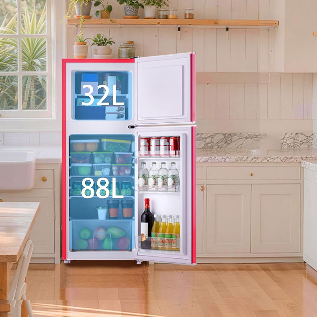 magictec Retro Kühlschrank mit Gefrierfach | 120L(88L/32L) | Low Frost | Kühl Gefrier Kombination | Vintage Design | LED Beleuchtung | Rot