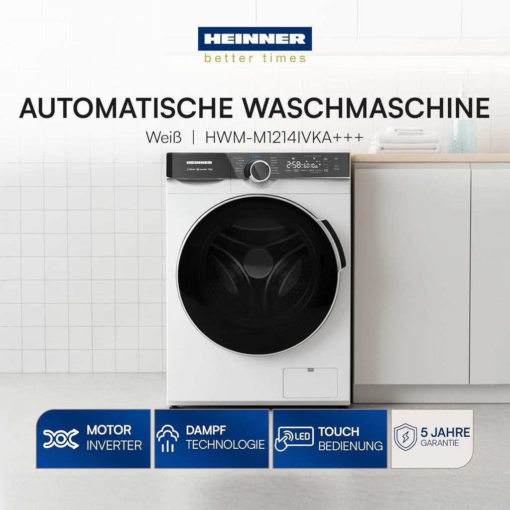 HWM-M1214IVKA+++ – 12 kg Frontlader-Waschmaschine, Inverter-Motor, 1400 U/min, Energieklasse A, LED-Display, 5 Jahre Garantie (Weiß, 12 KG)