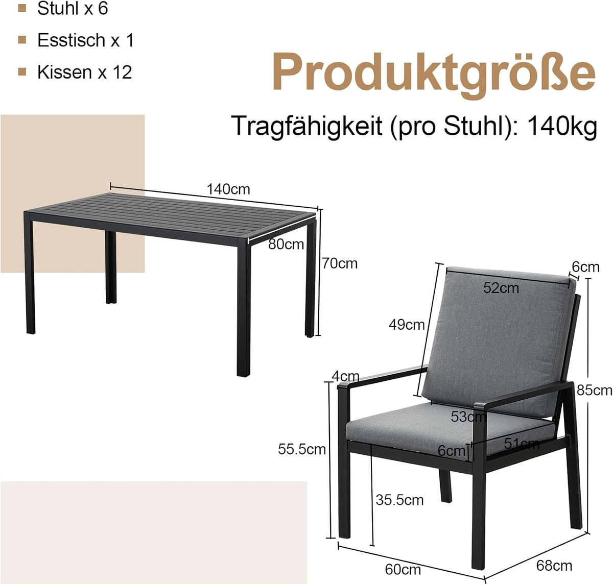 GLP Gartenlounge-Set Garten-Essgruppe, (Gartenmöbel Set, 7-TLG., 6 Sessel, 1 Esstisch, inkl. Auflagen, Aluminium), Wetterfest Gartenlounge Set, 9400-P1+P2