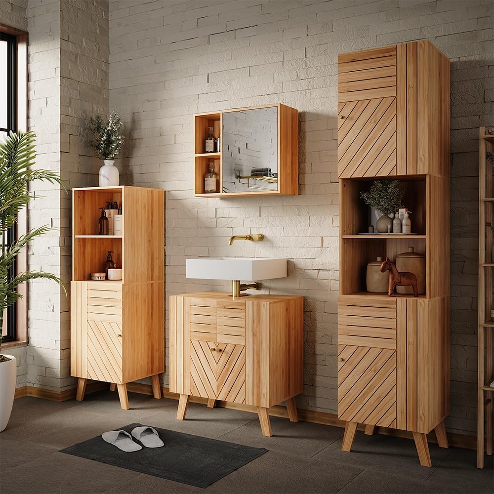 Vicco Badmöbel-Set Lucie, Bambus, 60 cm, besteht aus Waschbeckenunterschrank, Spiegelschrank, Hochschrank und Midischrank