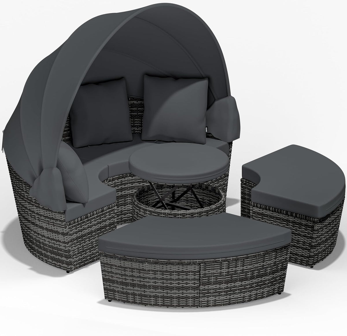 Casaria® Sonnenliege Sonneninsel Wetterfest mit Tisch 185cm Gartenliege 2 Personen Faltbares Sonnendach Relaxliege Gartenmöbel Set Lounge Outdoor Grau