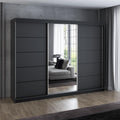 A&J MöbelLand Schwebetürenschrank VILUNO 2 Kleiderschrank 3-türig 200 cm mit Spiegel, 4 Schubladen & 2 Kleiderstangen, Geräumiger Schlafzimmerschrank (Schwarz)