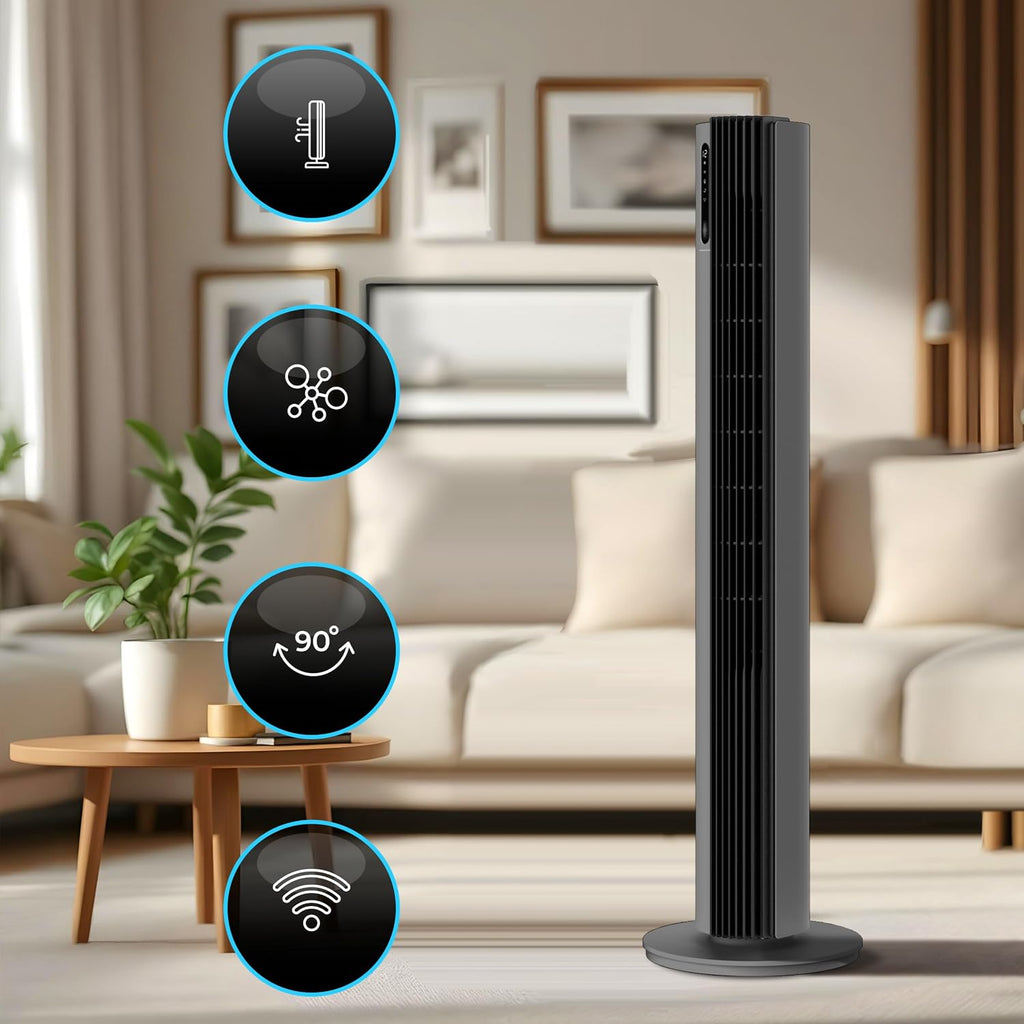 Turmventilator 110 cm PURE Plasma Ionisierung WiFi Tuya Smart Life, Energiesparender 30W DC-Motor, 12 Stufen, Timer, Standventilator sehr leise Ventilator mit Fernbedienung, Tower Fan Grau