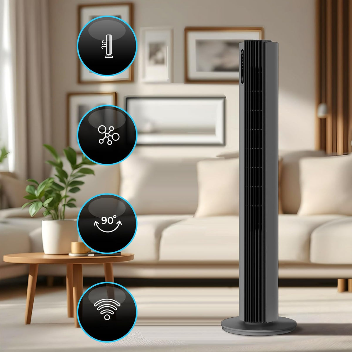 Turmventilator 110 cm PURE Plasma Ionisierung WiFi Tuya Smart Life, Energiesparender 30W DC-Motor, 12 Stufen, Timer, Standventilator sehr leise Ventilator mit Fernbedienung, Tower Fan Grau