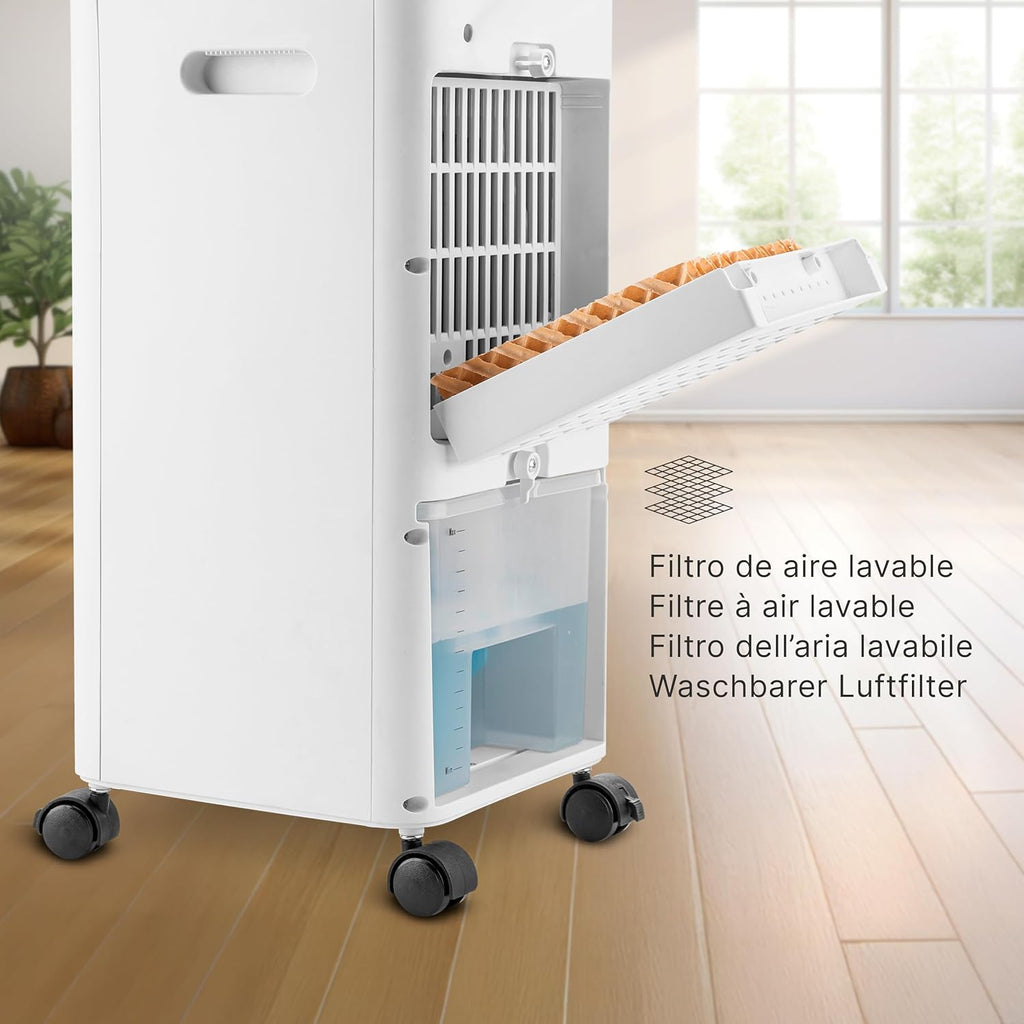 Ufesa Narvik Verdunstungskühler, 65W, Kühlfunktion und Ventilator, 3 Geschwindigkeiten, 3 Modi, Touchpanel, 5L Wassertank, 12h Timer, Waschbarer Filter, 2 Kühlakkus, Fernbedienung