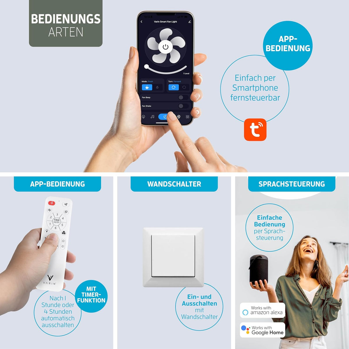 Varin® Smart Deckenventilator mit Beleuchtung, Deckenlampe mit Ventilator Schlafzimmer, Tuya WLAN, LED 30W RGBW, Ø 50 cm, Ventilator Leise, Fernbedienung, 3000K bis 6000K, Schwarz-Schwarz