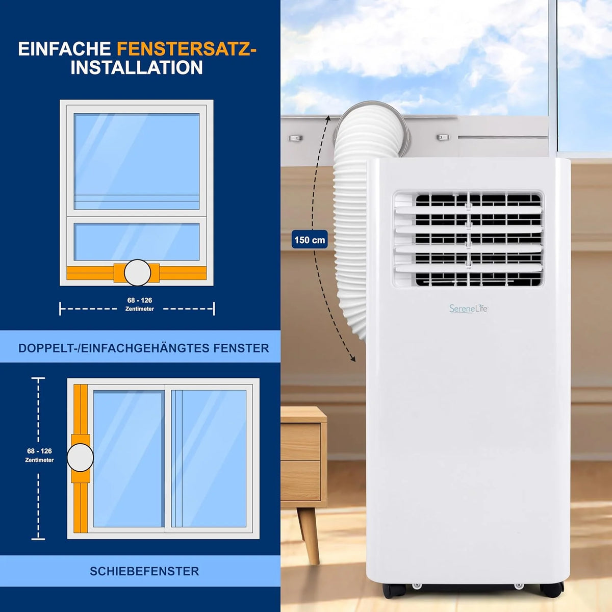 SereneLife 3-in-1 Mobile Klimaanlage mit Abluftschlauch – Klimagerät als Luftkühler, Ventilator & Luftentfeuchter– Mini Klimaanlage für Räume bis zu 28 m2 – Luftkühler für Zuhause & Büro 10,000 BTU