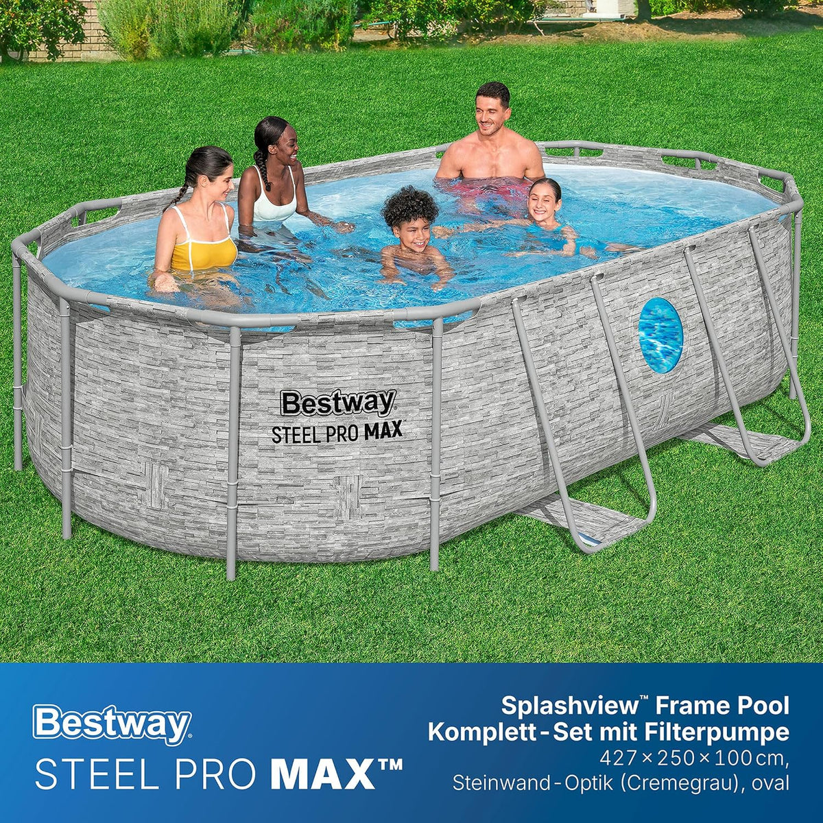 Bestway Power Steel Swim Vista Series Frame Pool Komplett-Set mit Filterpumpe 427 x 250 x 100 cm, Steinwand-Optik (Cremegrau), oval
