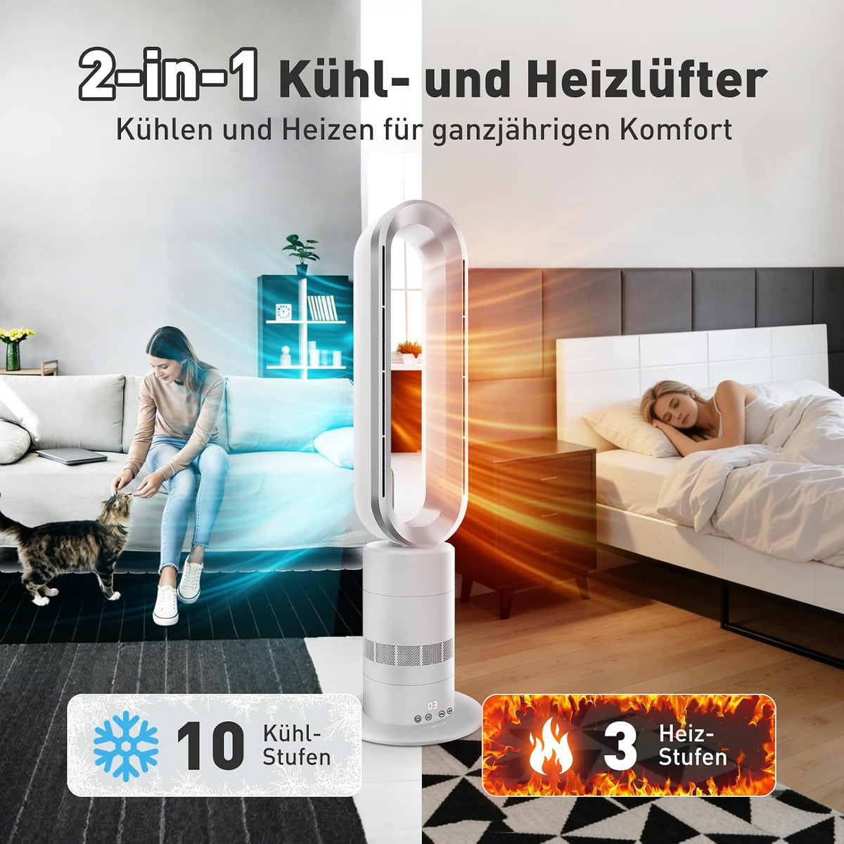 TP18Pro 2-in-1 Bladeless Turmventilator - Heizgerät & Kühlventilator, 10 Kühl- & 3 Heizstufen, Fernbedienung & Touch-Bedienung, Ultra-Leiser für den Heimgebrauch