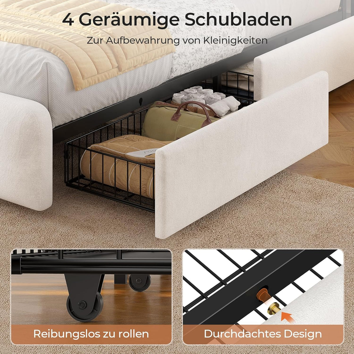 AOGLLATI Polsterbett 160x200 cm mit Stauraum - 4 Schubladen, Doppelbett mit LED-Beleuchtung & Ladestation, Bettgestell mit Kopfteil aus Samt, Bett mit Lattenrost ohne Matratze