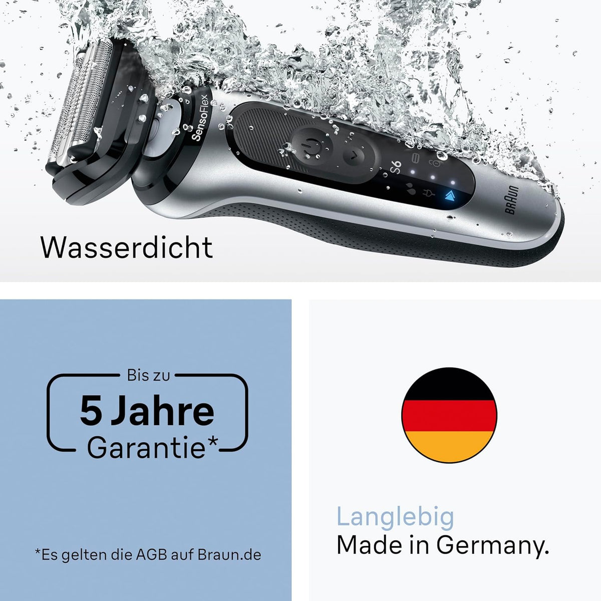 Braun Series 6 Elektrorasierer Herren, Rasierapparat mit 60 Min. Akku, 4in1 SmartCare Reinigungsstation, +2 Aufsätze, Kabelloser Nass- und Trockenrasierer für Männer, Wasserdicht, 62-S7650cc, Silber