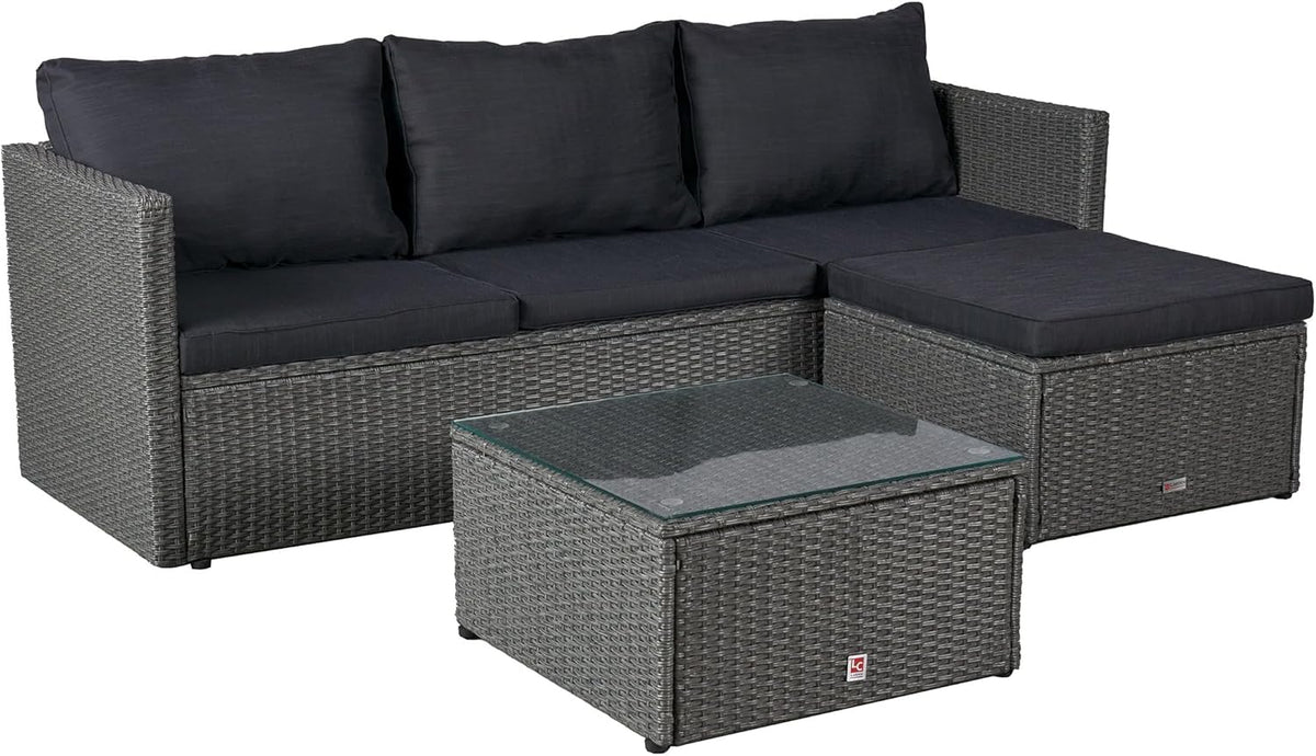 LC Garden Loungino Polyrattan Lounge grau-Mix für 3-4 Personen, Balkonmöbel Sitzgruppe mit Tisch + Hocker, Gartenlounge, Ecksofa für Balkon + Terrasse